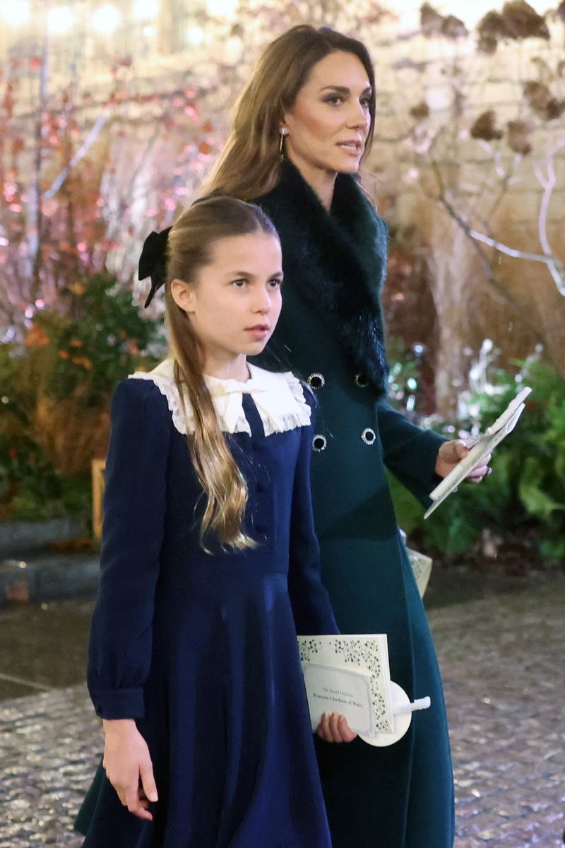 Princess Charlotte of Wales and Catherine, Princess of Wales depart from the "Together At Christmas" Carol Service at Westminster Abbey