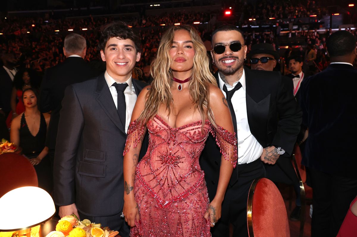 LOS ANGELES, CALIFORNIA - FEBRUARY 01: (L-R) Marcello HernÃ¡ndez, Karol G and Rauw Alejandro attend the 68th GRAMMY Awards at Crypto.com Arena on February 01, 2026 in Los Angeles, California.  (Photo by Johnny Nunez/Getty Images for The Recording Academy) 