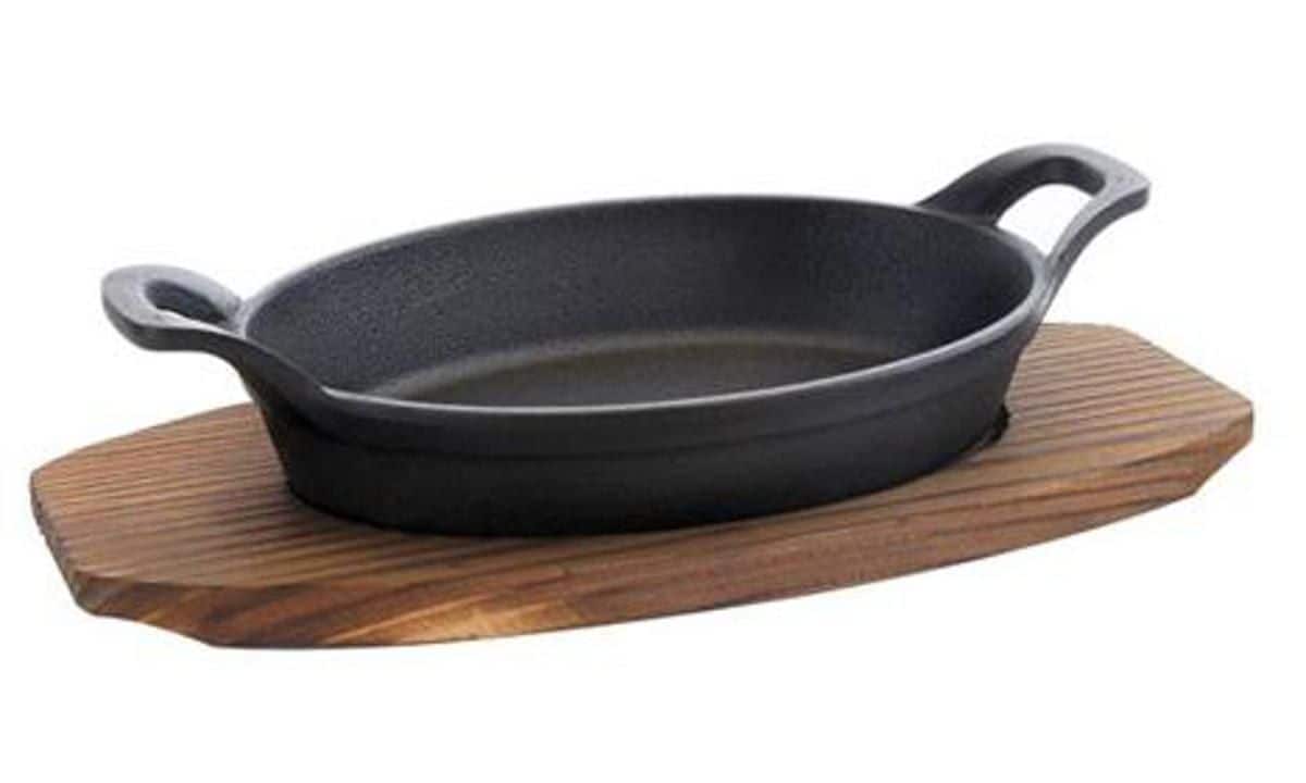 GENERAL STORE Addlestone 10.5" Pre Seasoned Oval 2 Piece Serveware Set with Burned Furwood Base