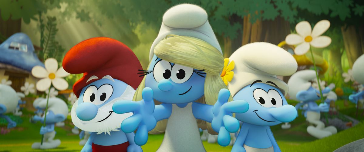 Papa Smurf (John Goodman), Smurfette (Rihanna) and Vanity Smurf (Maya Erskine) in Smurfs from Paramount Animation. 