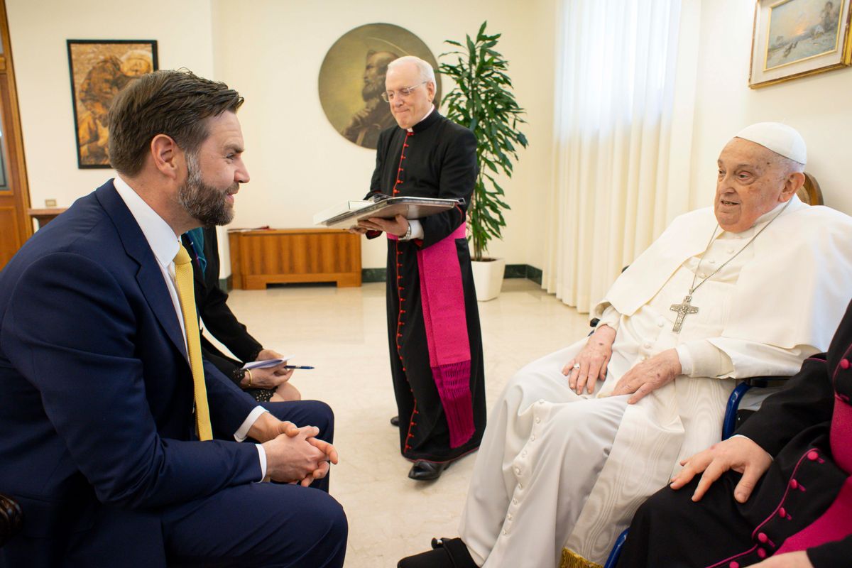 Pope Francis  meets with U.S. Vice President JD Vance and delegation during an audience at Casa Santa Marta on April 20, 2025 in Vatican City, Vatican. (Photo by Vatican Media via Vatican Pool/Getty Images)