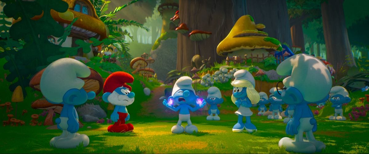 Papa Smurf (John Goodman), No Name (James Corden), Smurfette (Rihanna), and Brainy Smurf (Xolo Mariduena) 