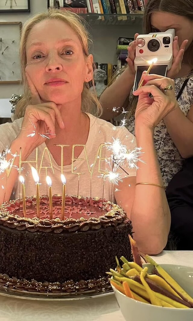 Uma Thurman celebrates her birthday with ‘whatever’ candles