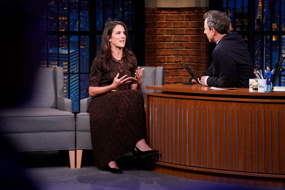 Author Tatiana Schlossberg during an interview with host Seth Meyers
