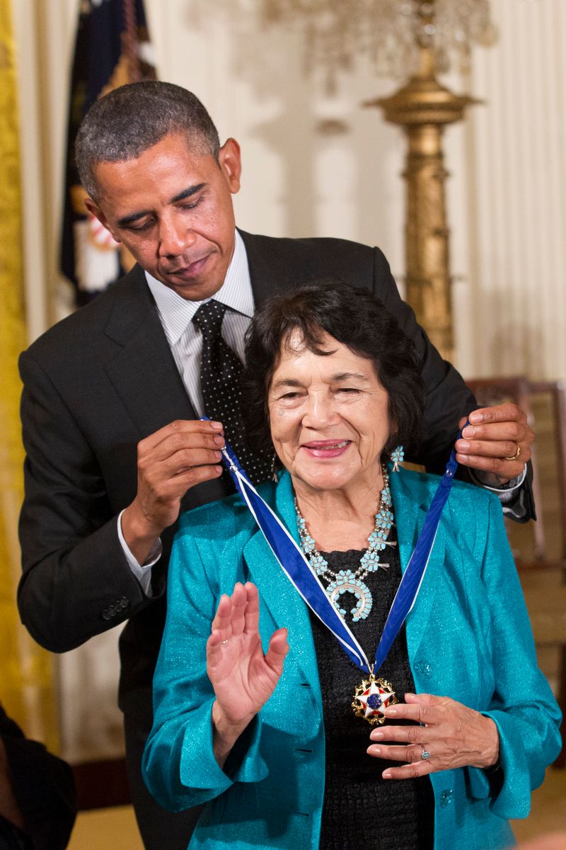 Civil rights and women's advocate Dolores Huerta is presented with a Presidential Medal of Freedom by U.S. President Barack Obama during an East Room event May 29, 2012 at the White House