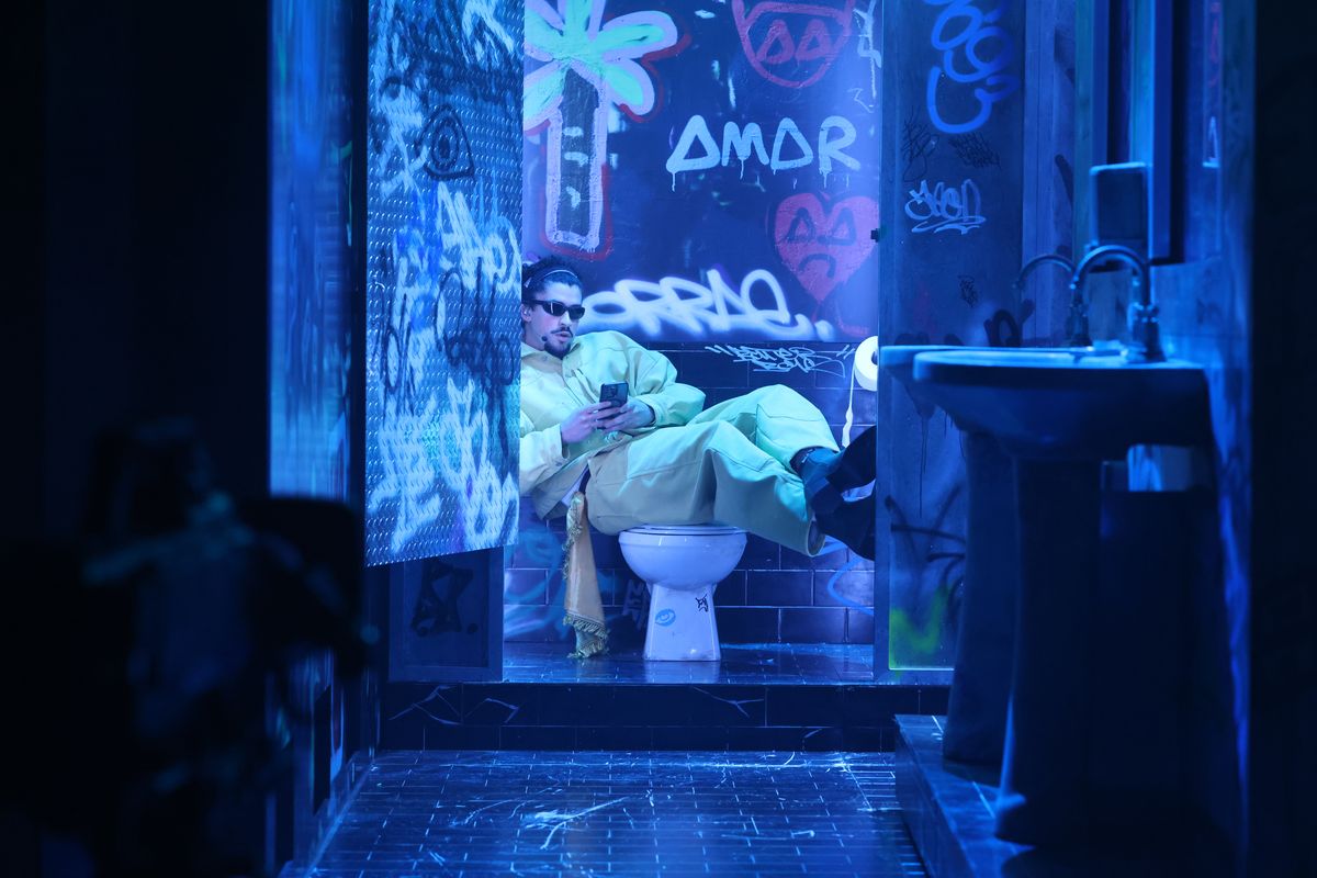 Musical guest Bad Bunny performs PERFuMITO NUEVO on Saturday, May 17, 2025 -- (Photo by: Will Heath/NBC via Getty Images)