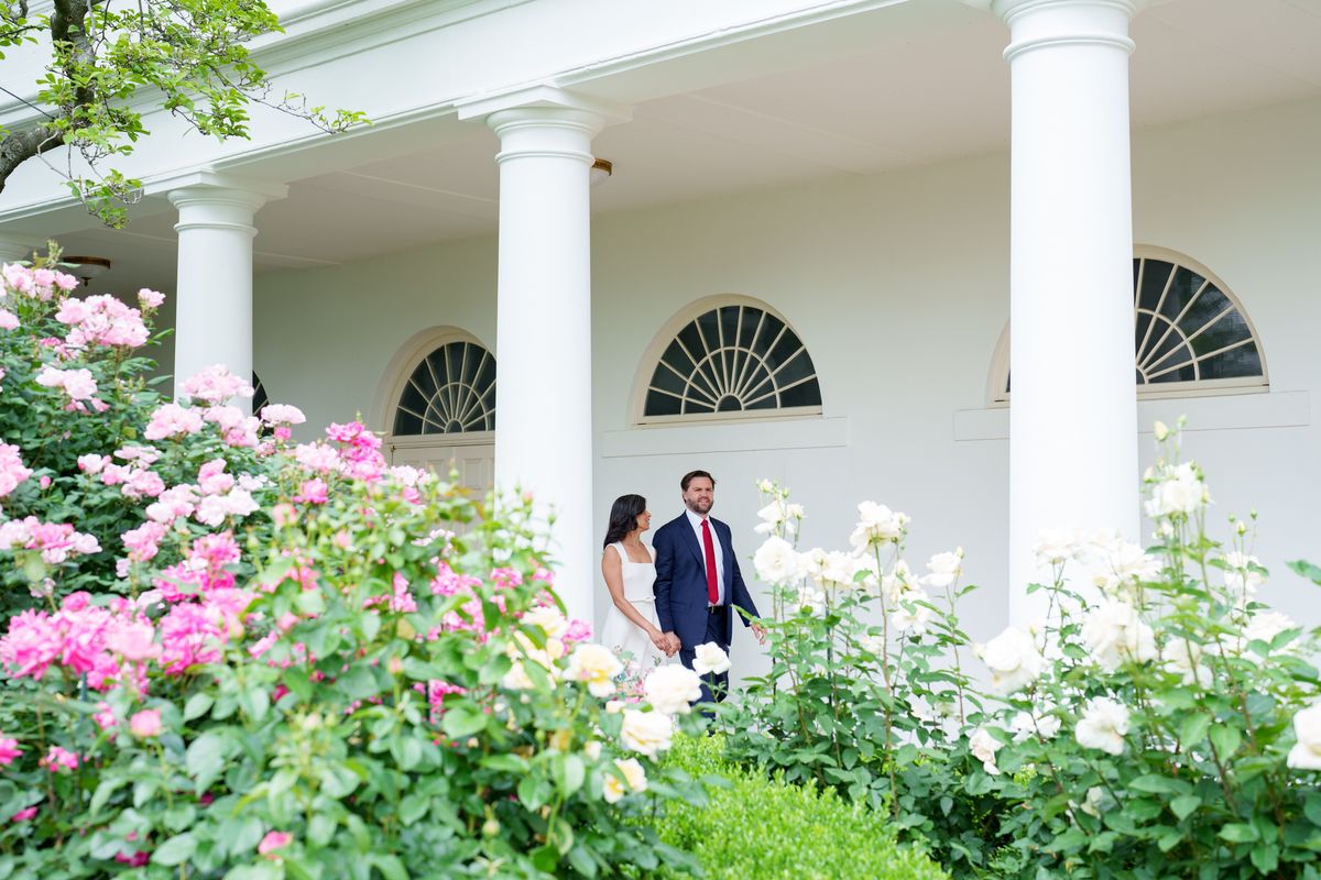 Vice President JD Vance and Second Lady Usha Vance walk along the West Colonnade before the Celebration of Military Mothers with President Donald J. Trump and First Lady Melania Trump, Thursday, May 8, 2025 at the White House. (Official White House Photo by Emily J. Higgins)