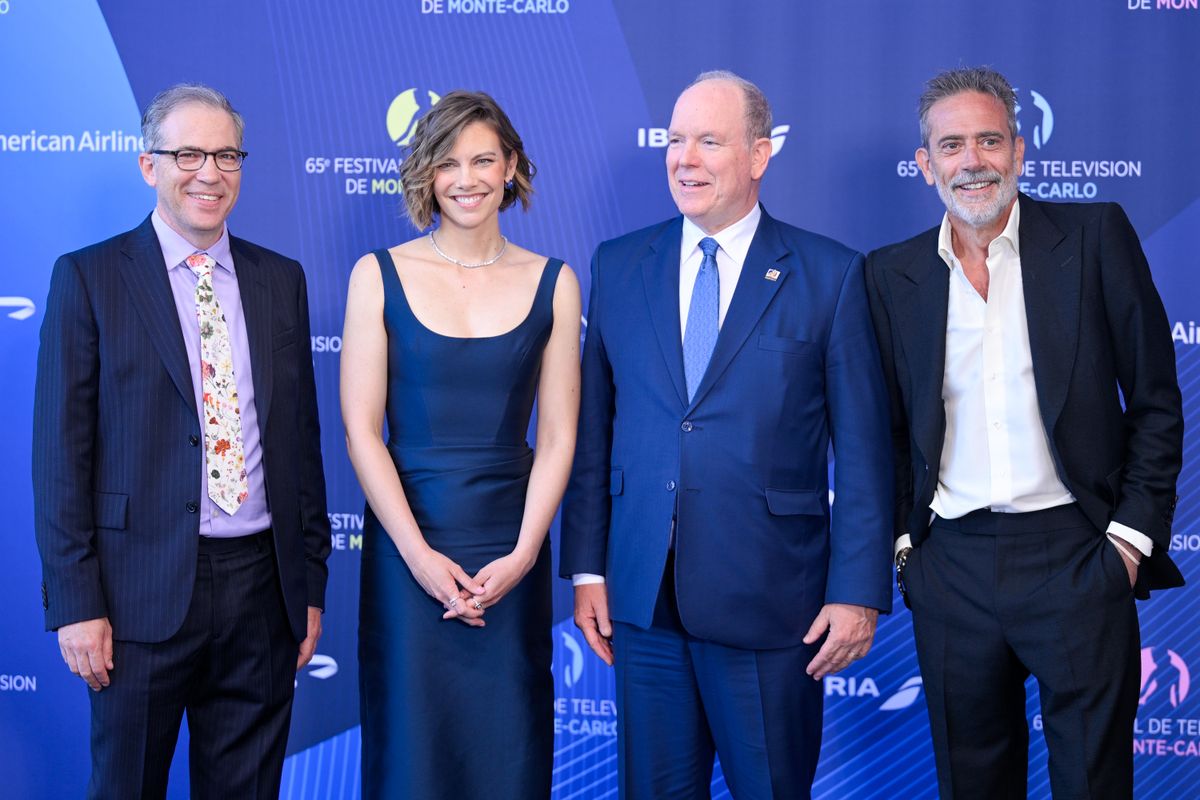 Seth Hoffman, Lauren Cohan, Prince Albert II of Monaco and Jeffrey Dean Morgan attend the Opening Ceremony during the 65th Monte-Carlo Television Festival