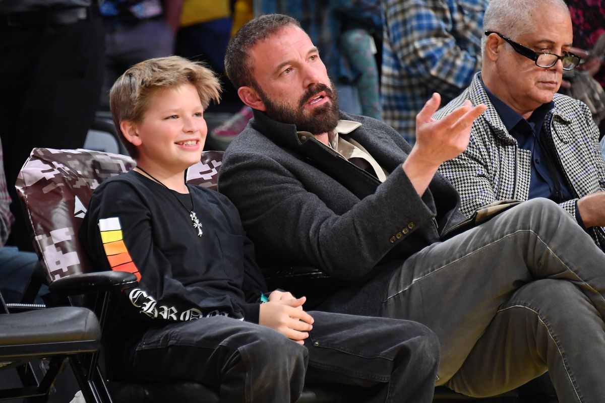 Ben Affleck and Samuel Garner Affleck attend a basketball game between the Los Angeles Lakers and the Toronto Raptors 