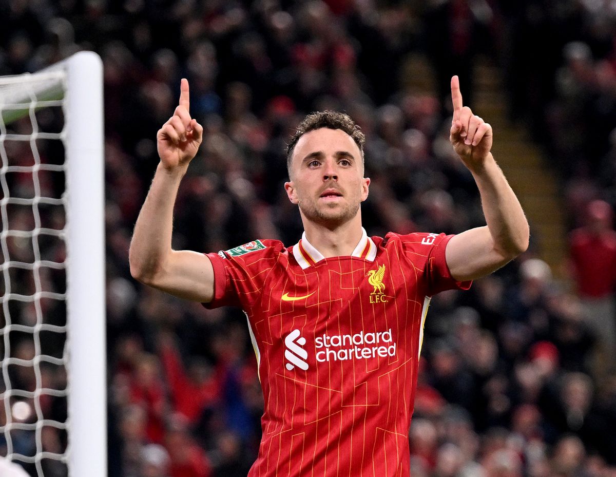  Diogo Jota of Liverpool celebrating after scoring the second goal during the Carabao Cup Third Round match between Liverpool and West Ham United at Anfield on September 25, 2024 in Liverpool, England. (Photo by Andrew Powell/Liverpool FC via Getty Images)