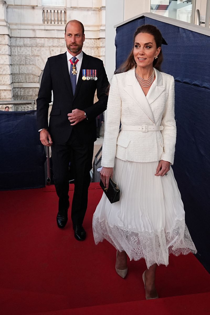 Britain's Prince William, Prince of Wales and Britain's Catherine, Princess of Wales arrive for the celebratory concert to mark the 80th anniversary of VE Day, or Victory in Europe Day, marking the end of the Second World War in Europe, at Horse Guards Parade in London on May 8, 2025. (Photo by Aaron Chown / POOL / AFP) (Photo by AARON CHOWN/POOL/AFP via Getty Images)          