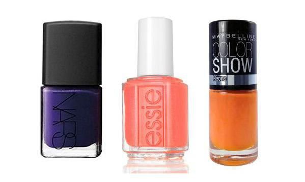 Essie 488 Fondant of you, NARS Nail Polish Blue/Purple, and Maybelline Color Show Sweet Clementine