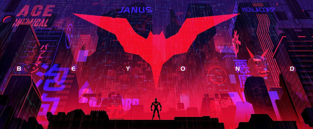 The futuristic hero’s red-and-black suit stands out against Gotham’s glowing skyline in artwork shared publicly in 2024.
