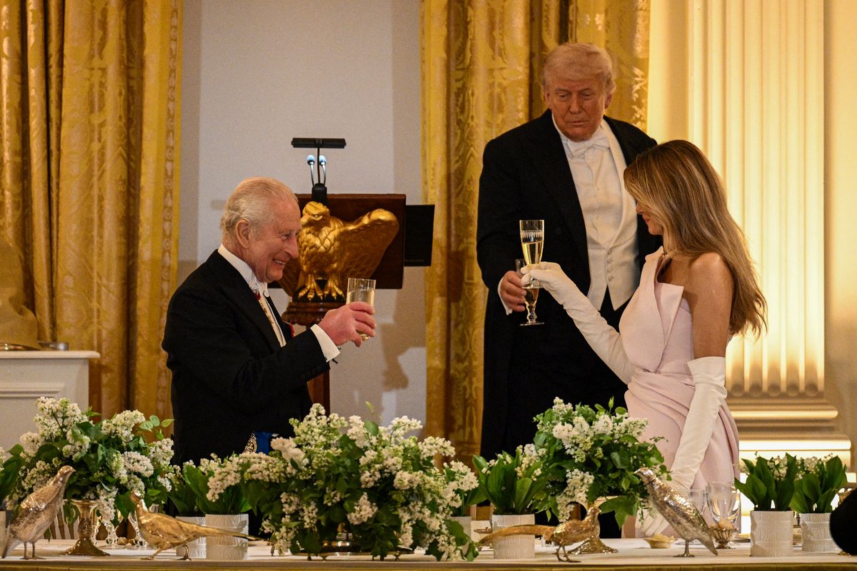 Britain's King Charles III shares a toast with US President Donald Trump and First Lady Melania Trump.