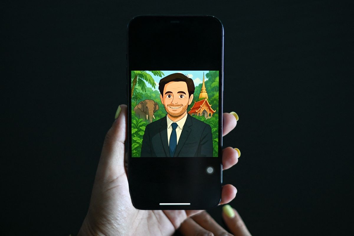 This photo illustration, taken on April 2, 2025, shows an image generated by artificial intelligence (AI) in the style of Studio Ghibli animation on a mobile phone in Bangkok. 