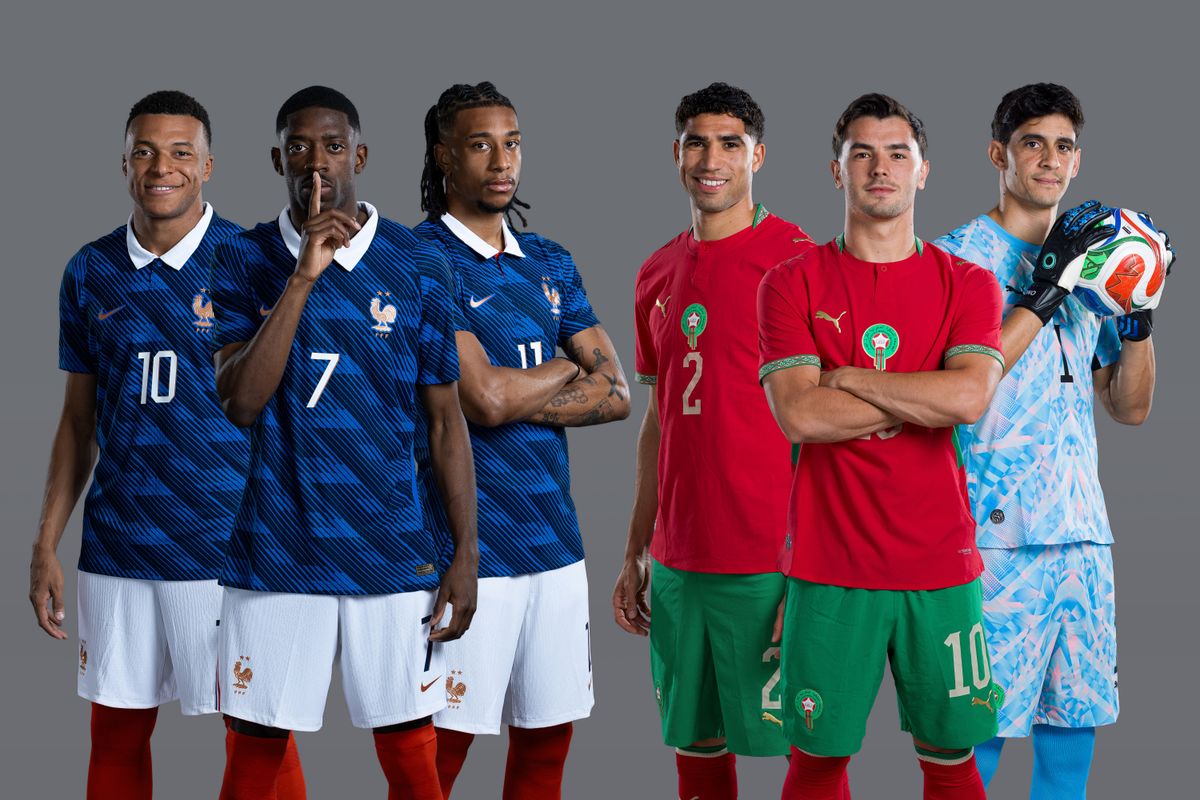 (L-R) Kylian Mbappe, Ousmane Dembele and Michael Olise of France and Achraf Hakimi, Brahim Diaz and Yassine Bounou of Morocco ahead of the FIFA World Cup 2026 Quarter-Final match between France and Morocco