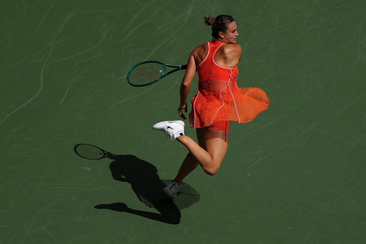 Aryna Sabalenka against Camila Osorio during their Women's Singles First Round match on Day Two of the 2026 US Open