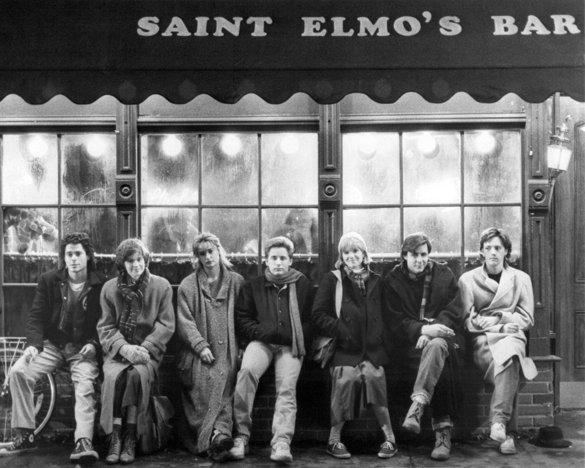 The cast of 'St. Elmo's Fire', directed by Joel Schumacher, 1985. Left to right: Rob Lowe, Ally Sheedy, Demi Moore, Emilio Estevez, Mare Winningham, Judd Nelson, and Andrew McCarthy. 