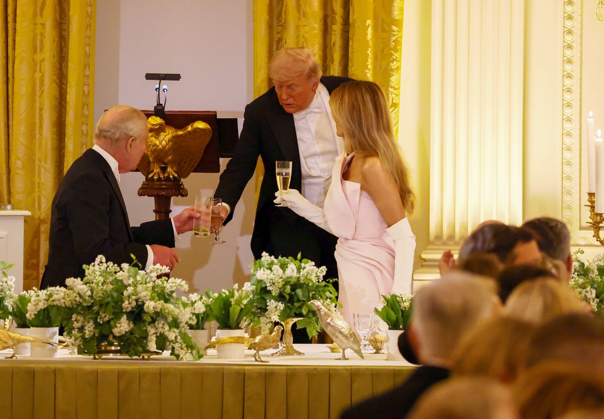  King Charles III, U.S. President Donald Trump, and First Lady Melania Trump give a toast in the East Room during an official state dinner at The White House on day two of the State Visit of King Charles III and Queen Camilla to the United States of America