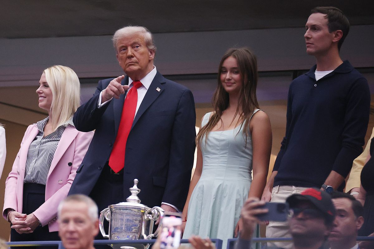 NEW YORK, NEW YORK - SEPTEMBER 07: (L-R) U.S. Attorney General Pam Bondi, U.S. President Donald Trump, granddaughter to Donald Trump Arabella Kushner, and Former Senior Advisor to the President Jared Kushner stand prior to the Men's Singles Final match between Jannik Sinner of Italy and Carlos Alcaraz of Spain Day Fifteen of the 2025 US Open at USTA Billie Jean King National Tennis Center on September 07, 2025 in New York City. (Photo by Sarah Stier/Getty Images)