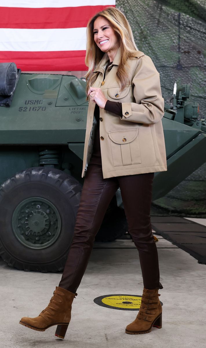 First lady Melania Trump arrives to speak to military personnel and their families during a visit to MV-22 Mega Hangar on Marine Corps Air Station New River