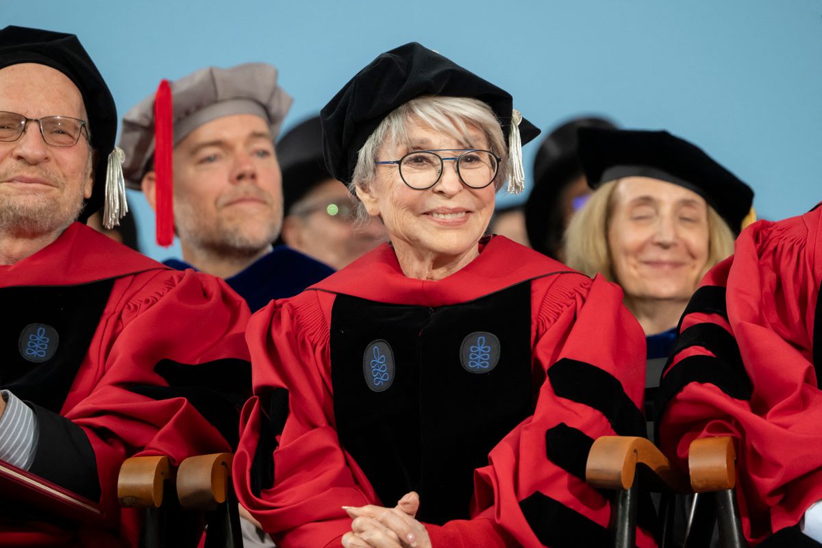 Harvard honorary degree recipient Puerto Rican-US actress Rita Moreno sits onstage during the 374th Harvard Commencement in Harvard Yard in Cambridge, Massachusetts, on May 29, 2025.