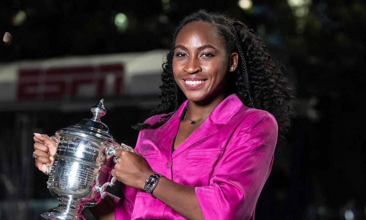 Coco Gauff wearing dress by Ganni, winner of women's