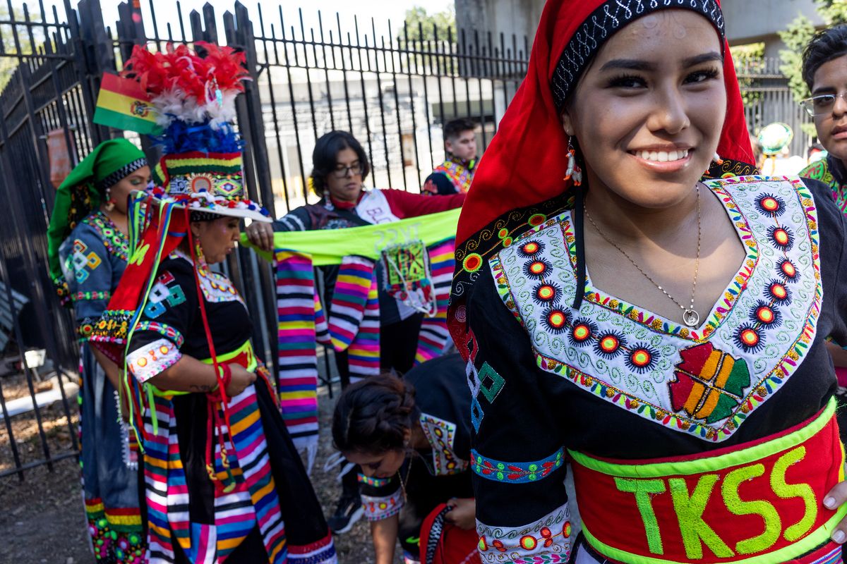  Members of the South and Central American community prepare to march in the annual Hispanic Day Parade in celebration of Hispanic Heritage Month on September 22, 2024 in the Jackson Heights neighborhood in the Queens borough of New York City. 