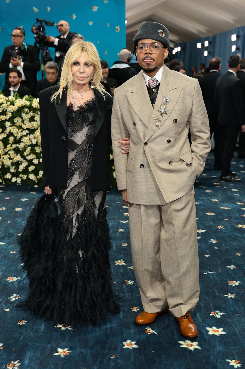 Donatella Versace and Chance the Rapper attend the 2025 Met Gala Celebrating "Superfine: Tailoring Black Style" 