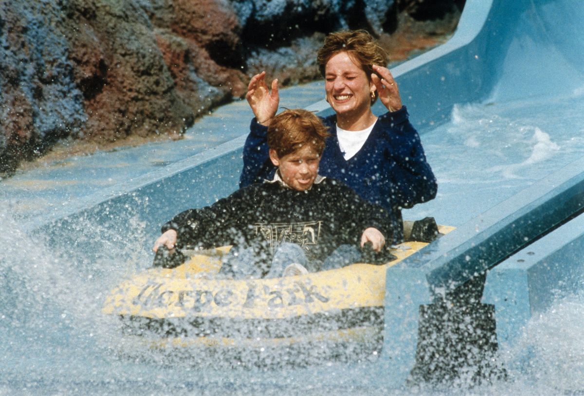A young Prince Harry visits Thorpe Park with Princess Diana and Prince William in 1992, one of the carefree childhood outings he shared with his mother.