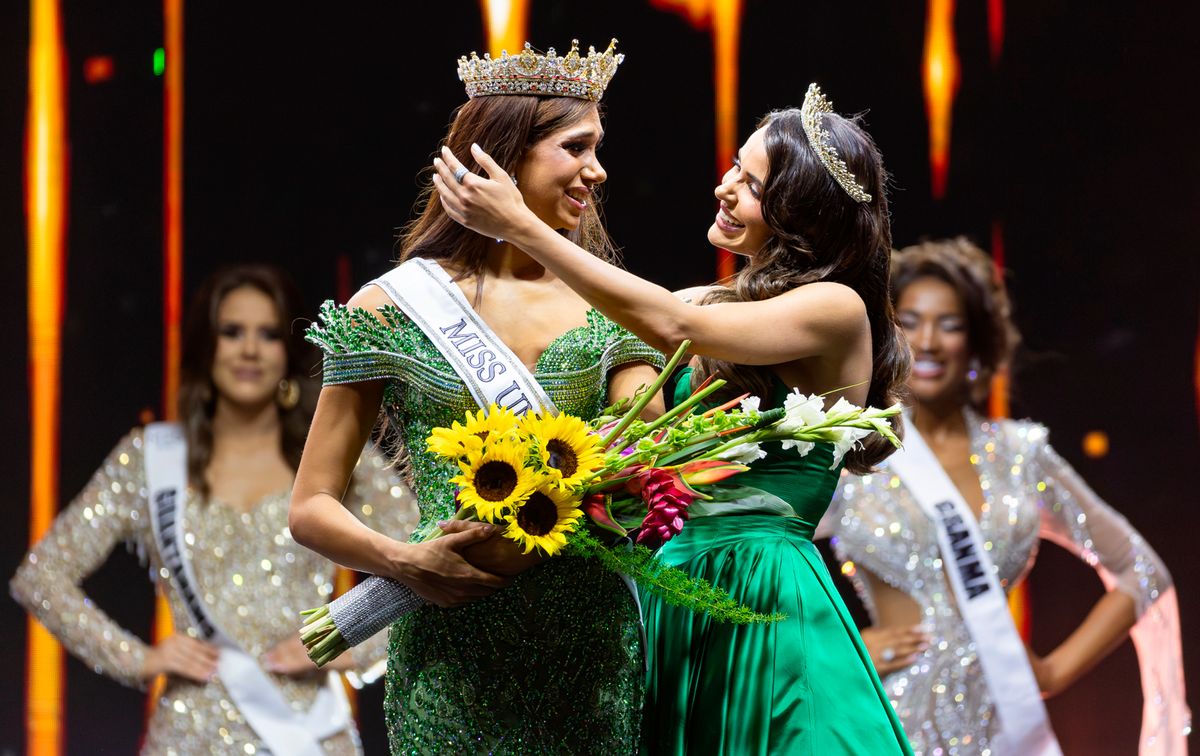 Miss Universe Cuba 2024 Marianela Ancheta, right, embraces Lina Luaces after winning the Miss Universe Cuba 2025.