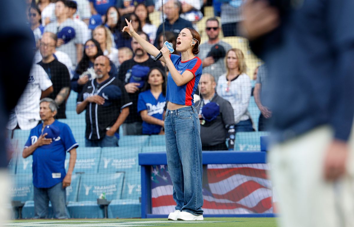 Nezza sings the national anthem in Spanish before a baseball game between the Los Angeles Dodgers and San Francisco Giants at Dodger Stadium on June 14, 2025 in Los Angeles, California. (Photo by Kevork Djansezian/Getty Images)