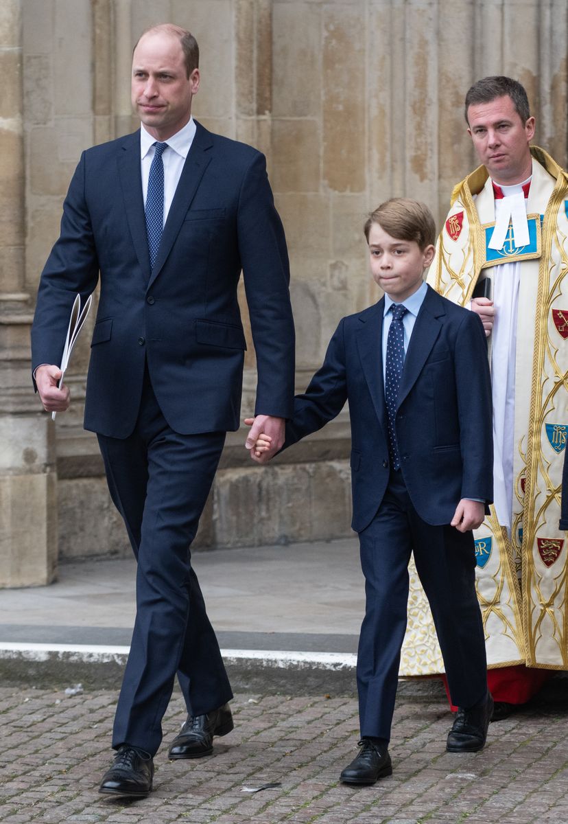 Prince William, Duke of Cambridge, Prince George of Cambridge depart the memorial service for the Duke Of Edinburgh at Westminster Abbey on March 29, 2022 in London, England.  (Photo by Samir Hussein/WireImage)
