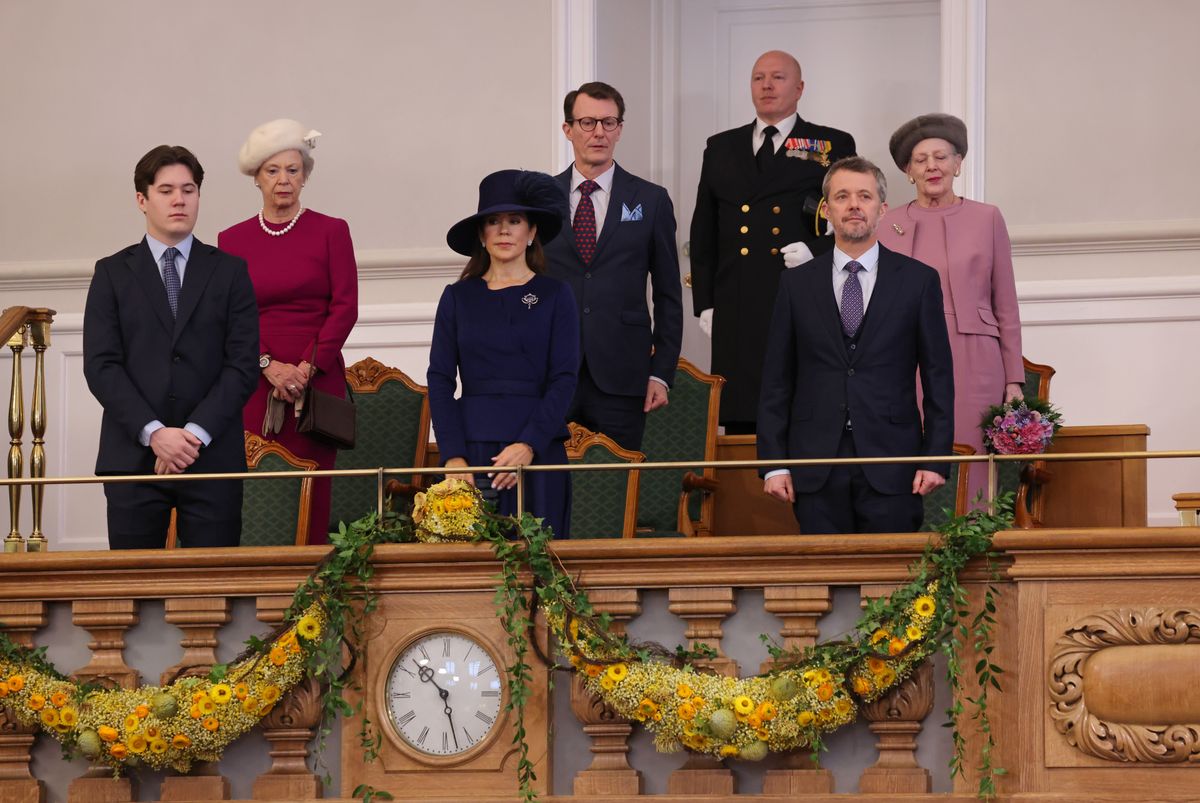 (First row, from L to R) Crown Prince Christian, Queen Mary, and King Frederik X (2nd row from L to R), Princess Benedikte, Prince Joachim, and Queen Margrethe attend the Danish Parliament's celebration of Frederik's succession to the throne at Danish Parliament (Folketing) on January 15, 2024 in Copenhagen, Denmark. King Frederik X is has succeeded Queen Margrethe II, who has stepped down after reigning for 51 years. 