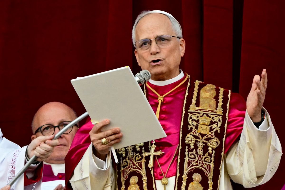 Newly elected Pope Leo XIV, Robert Prevost addresses the crowd on the main central loggia balcony of the St Peter's Basilica for the first time 