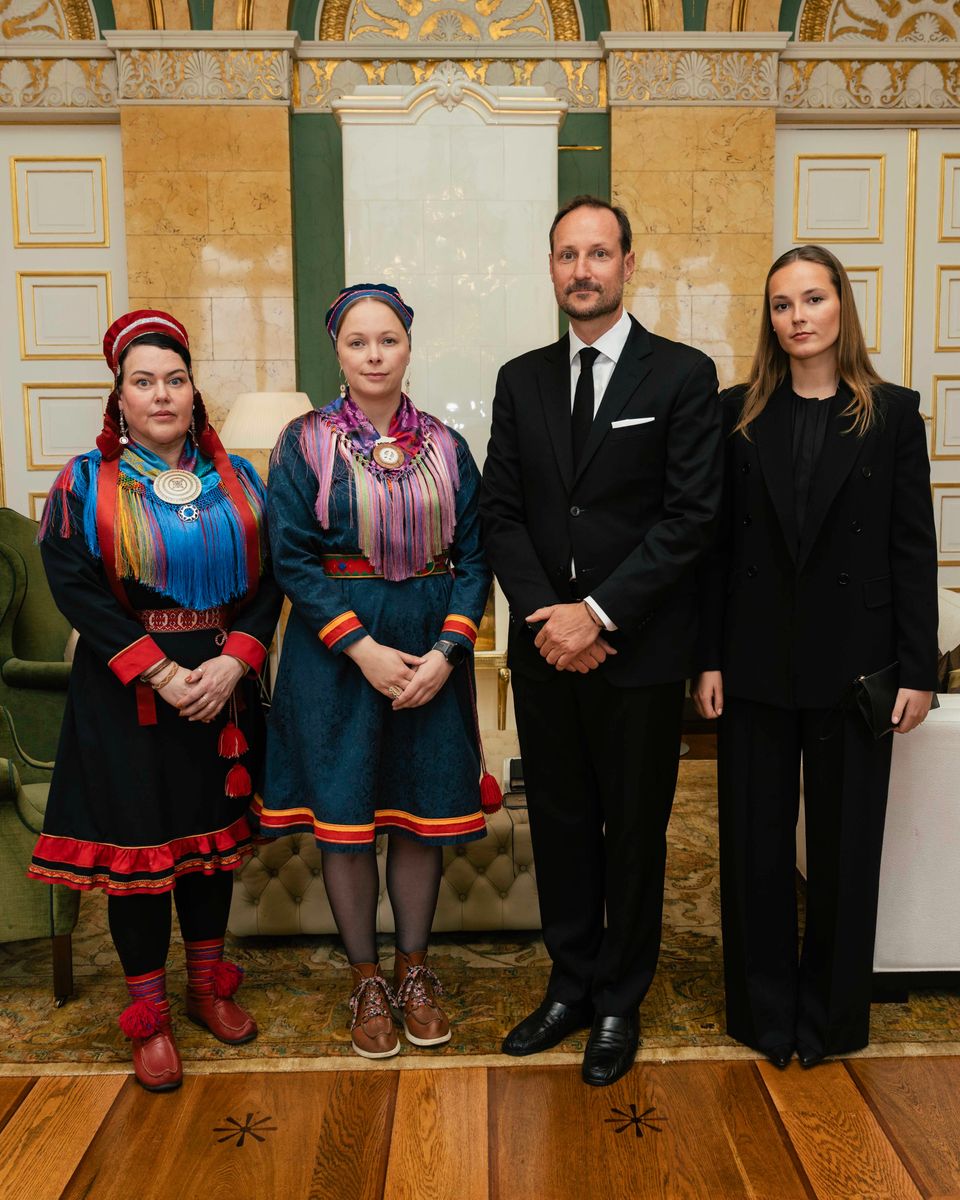 King Haakon VIII and Crown Princess Ingrid Alexandra receive representatives of the Sámi Parliament during a condolence audience at the Royal Palace in Oslo.