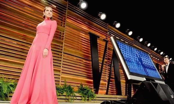 Williams makes an entrance in a haute-pink gown at the Vanity Fair Oscar party earlier this year.
