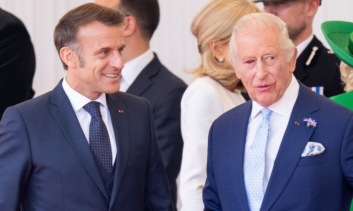 WINDSOR, ENGLAND - JULY 8: King Charles III and President Emmanuel Macron during the formal welcome at the Royal Dais on July 8, 2025 in Windsor, England. President Emmanuel Macron and Mrs Brigitte Macron visit the UK in the first visit State Visit made by France in 17 years. They are staying at Windsor Castle, hosted by King Charles III and Queen Camilla, and a banquet will be held there in their honour. The Macrons will visit Imperial College, and the President will address Parliament during his stay. (Photo by Mark Cuthbert/UK Press via Getty Images)