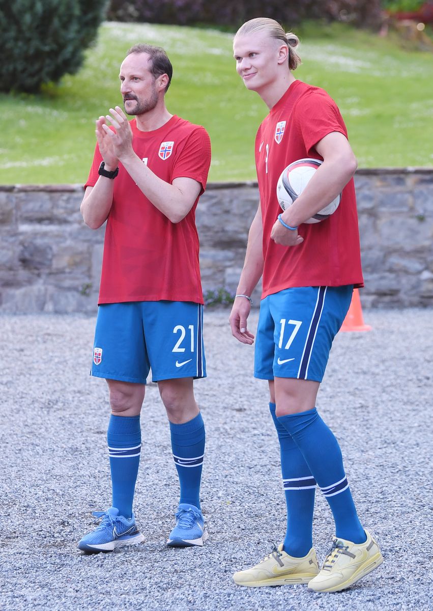 Crown Prince Haakon and Erling Braut Haaland play a friendly football match against Vivil IL at Skaugum Arena on June 13, 2022 in Skaugum, Norway