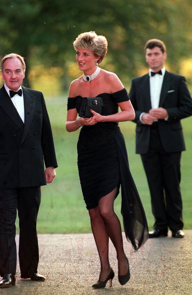 Diana arriving at the Serpentine Gallery wearing a dress designed by Christina Stambolian.