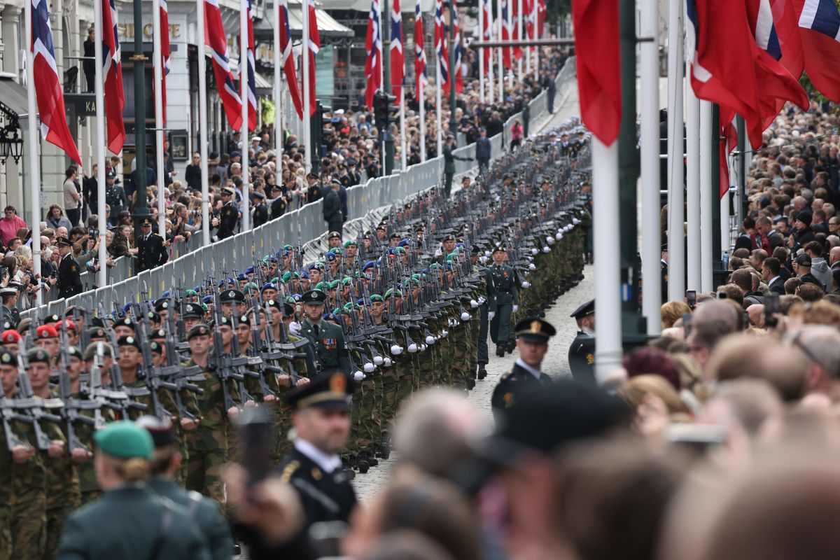 Members of the Norwegian armed forces arrive for the state funeral of King Harald V of Norway on September 09, 2026 in Oslo, Norway.