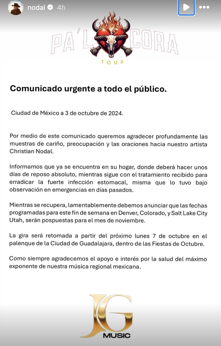 Nodal's statement regarding his health