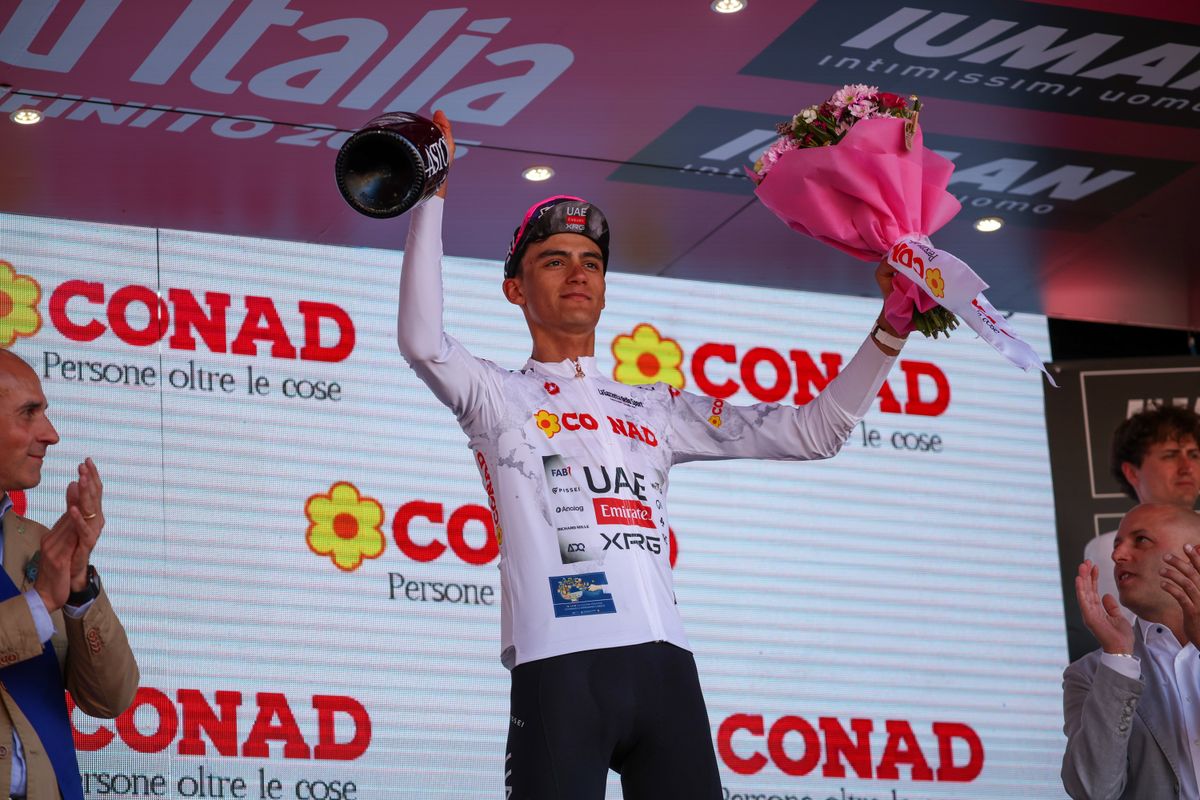 Isaac Del Toro of Mexico and Team UAE Team Emirates - XRG celebrates at the podium as White Best Young Jersey Winner during the 108th Giro d'Italia 2025, Stage 18 