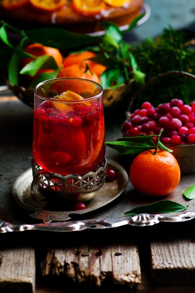 SPICED CRANBERRY APPLE CIDER  in glasses. top view. style vintage. selective focus