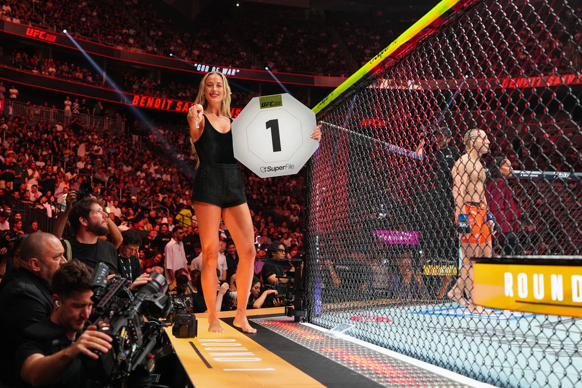 Sophie Cunningham announces a round in a lightweight fight during UFC 329
