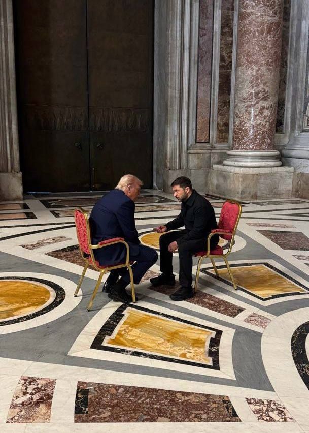 Ukrainian President Volodymyr Zelenskyy (R) meets with the US President Donald Trump (L) on April 26, 2025 in Vatican City, Vatican. 