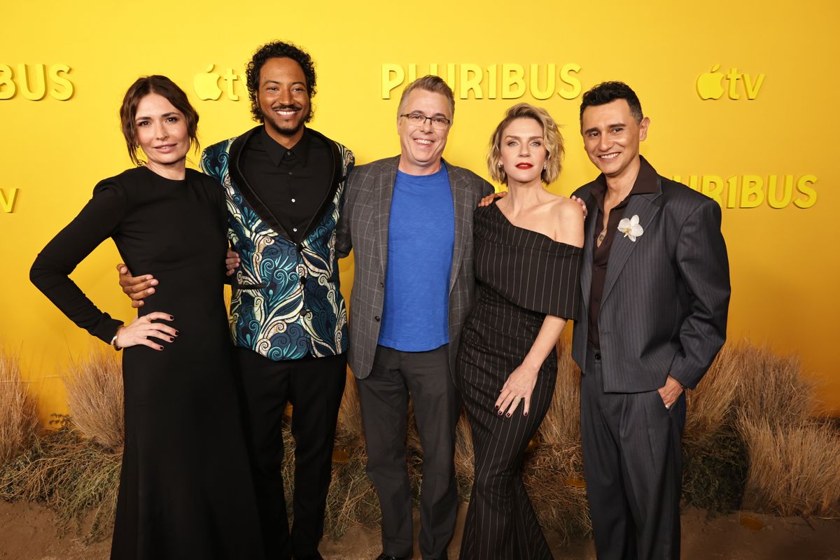 Karolina Wydra, Samba Schutte, Vince Gilligan, Rhea Seehorn, and Carlos-Manuel Vesga at the premiere of Pluribus