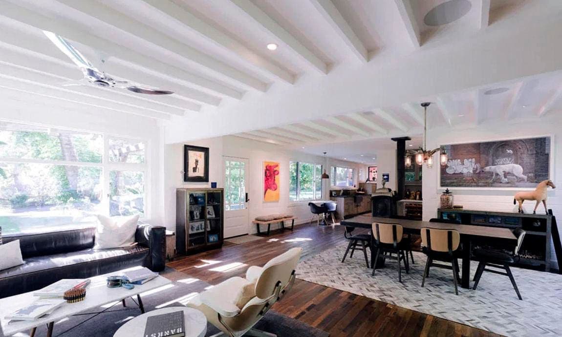 The living room and dining table in the home.
