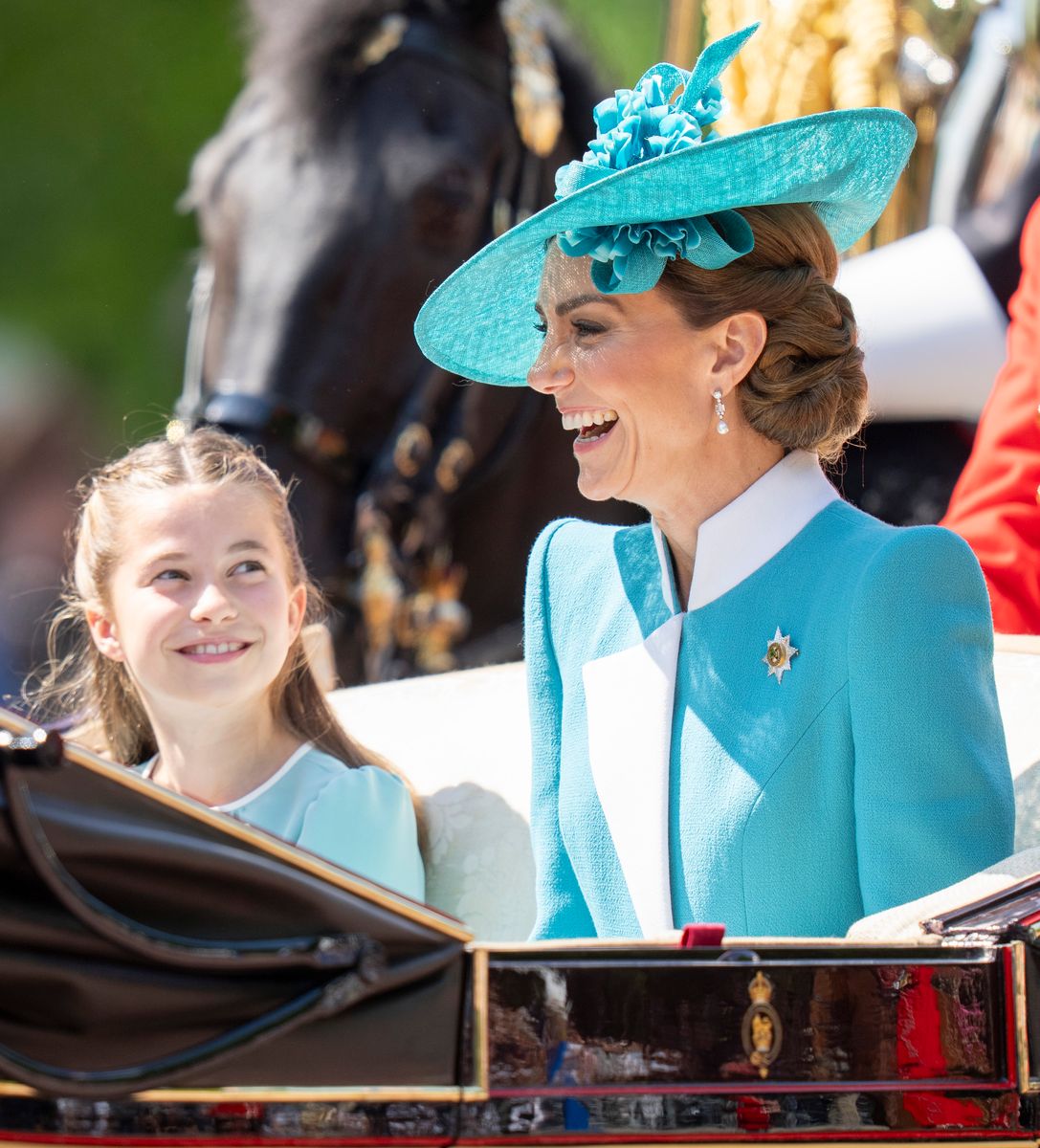 LONDON, ENGLAND - JUNE 14: Catherine, Princess of Wales and Princess Charlotte of Wales during Trooping The Colour 2025 on June 14, 2025 in London, England. Trooping The Colour is a ceremonial parade celebrating the official birthday of the British Monarch. The event features over 1,400 soldiers and officers, accompanied by 200 horses. More than 400 musicians from ten different bands and Corps of Drums march and while performing. (Photo by Mark Cuthbert/UK Press via Getty Images)