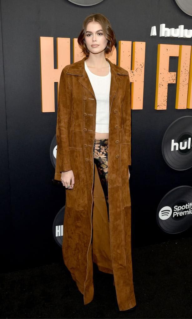 Kaia Gerber in a suede Fendi overcoat